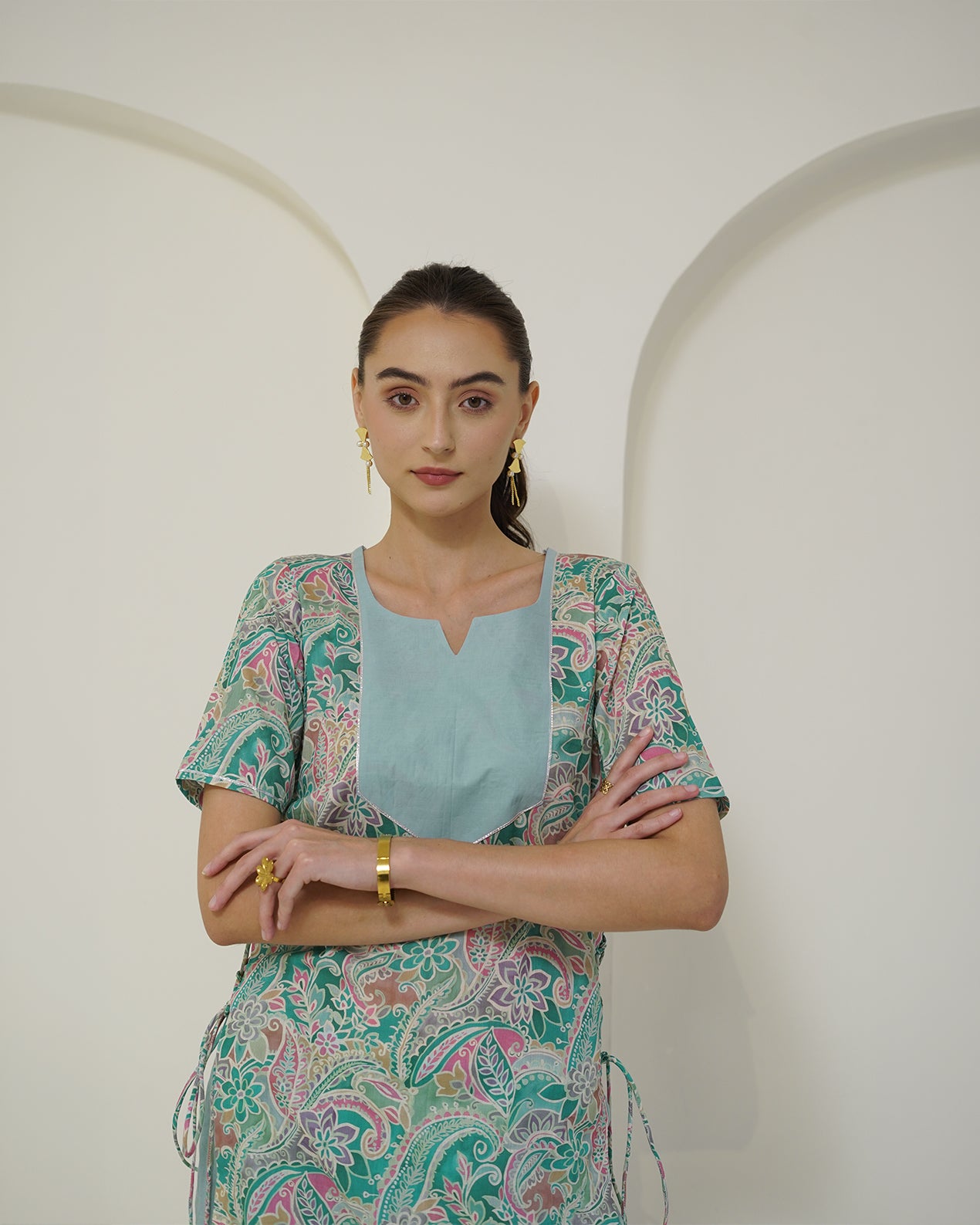 Prabha - Teal Floral Print Lace-Up Kurta with Pants Set