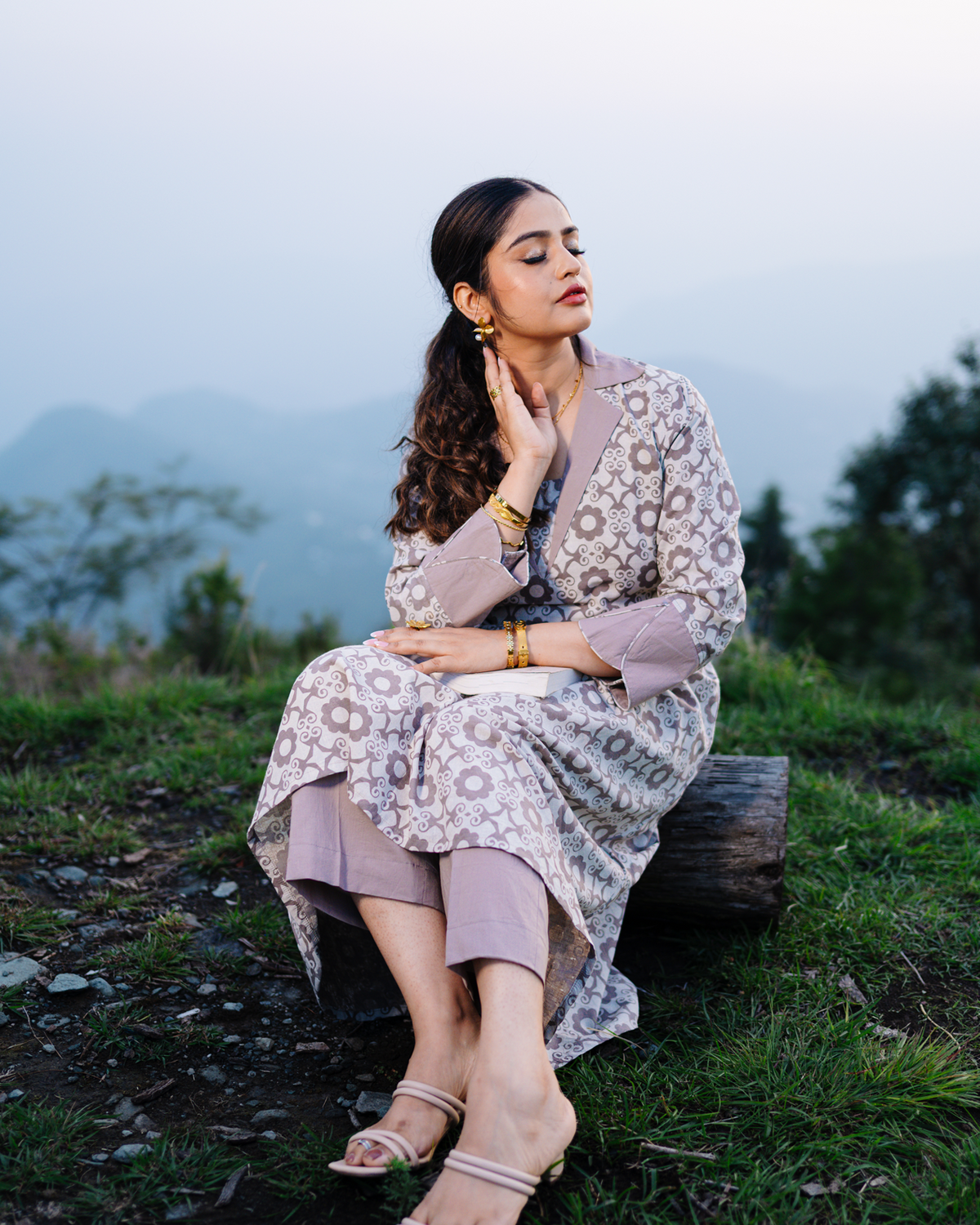 Manini - Beige Abstract Block Print Collared Kurta with Pants Set