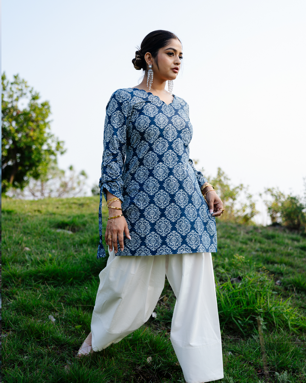 Shyama - Indigo Block Print Kurta with Scalloped Neck & Deep Back