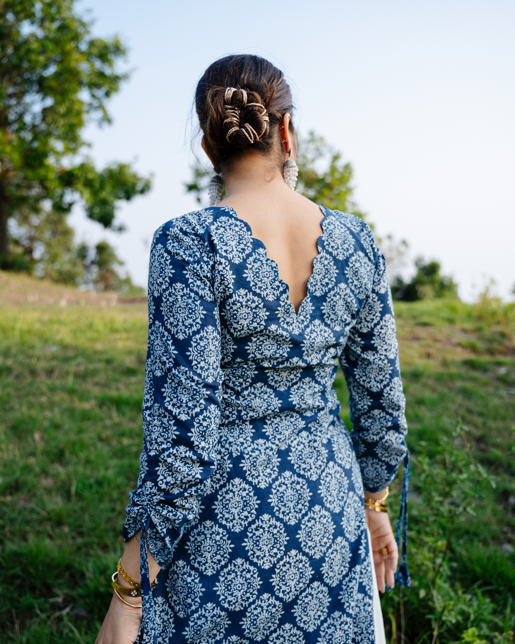 Shyama - Indigo Block Print Kurta with Scalloped Neck & Deep Back