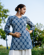 Shyama - Indigo Block Print Kurta with Scalloped Neck & Deep Back