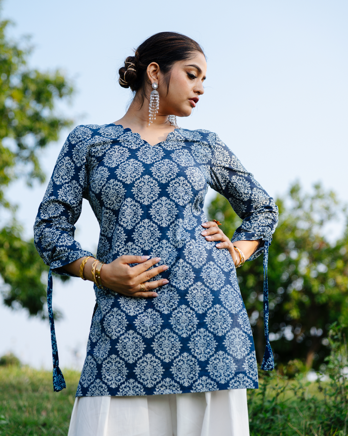 Shyama - Indigo Block Print Kurta with Scalloped Neck & Deep Back