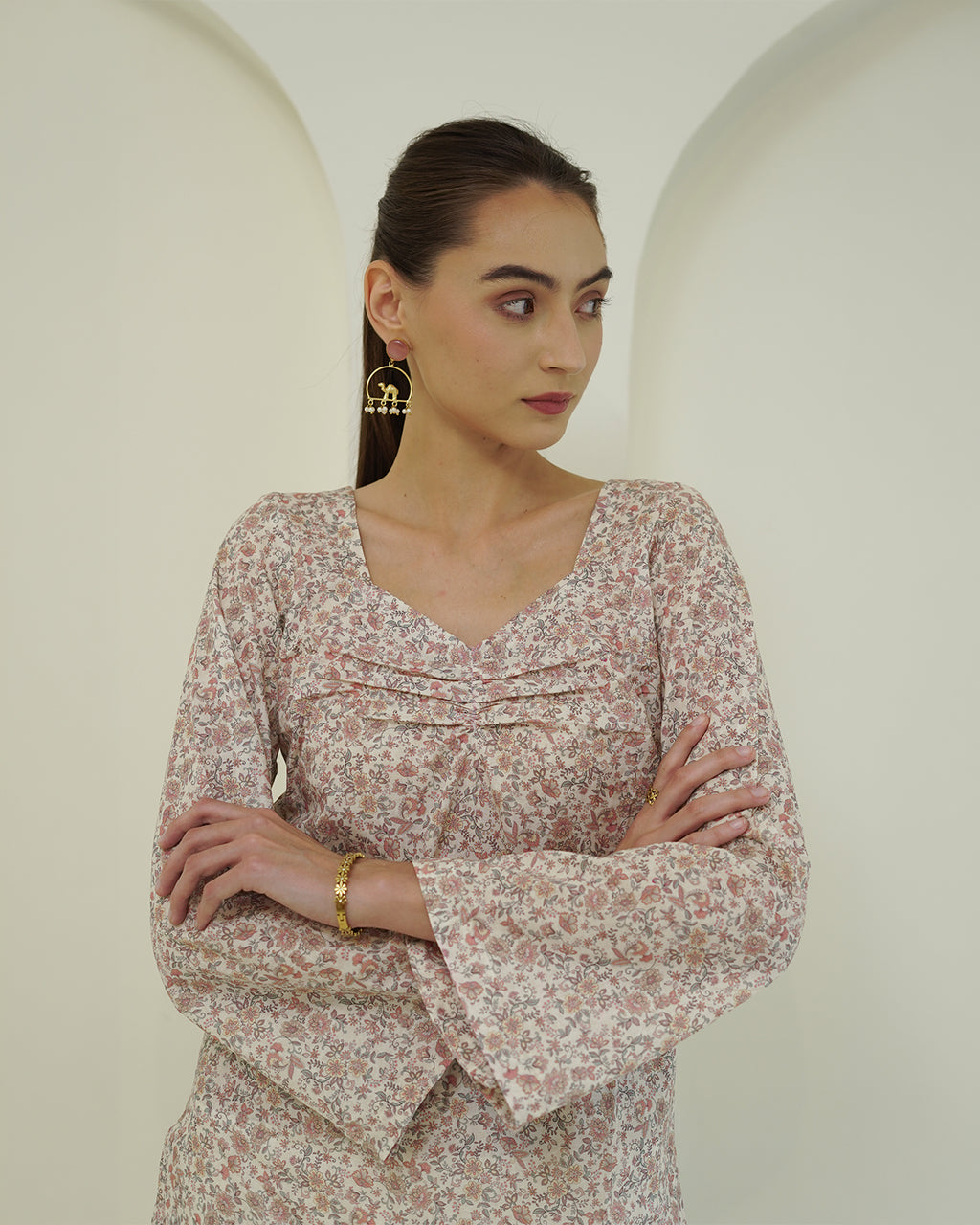 Ramya - Cotton lawn Ivory & Blush Pink Floral Print Short Kurti