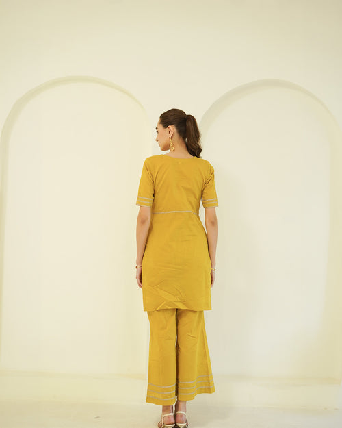 Suvarna - Golden Mustard Jacket-Style Kurta with Flared Palazzo Set