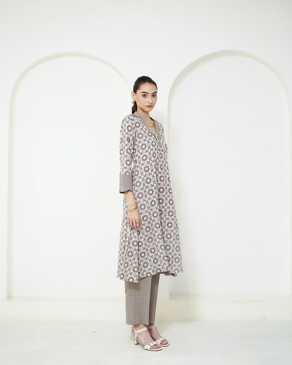 Manini - Beige Abstract Block Print Collared Kurta with Pants Set