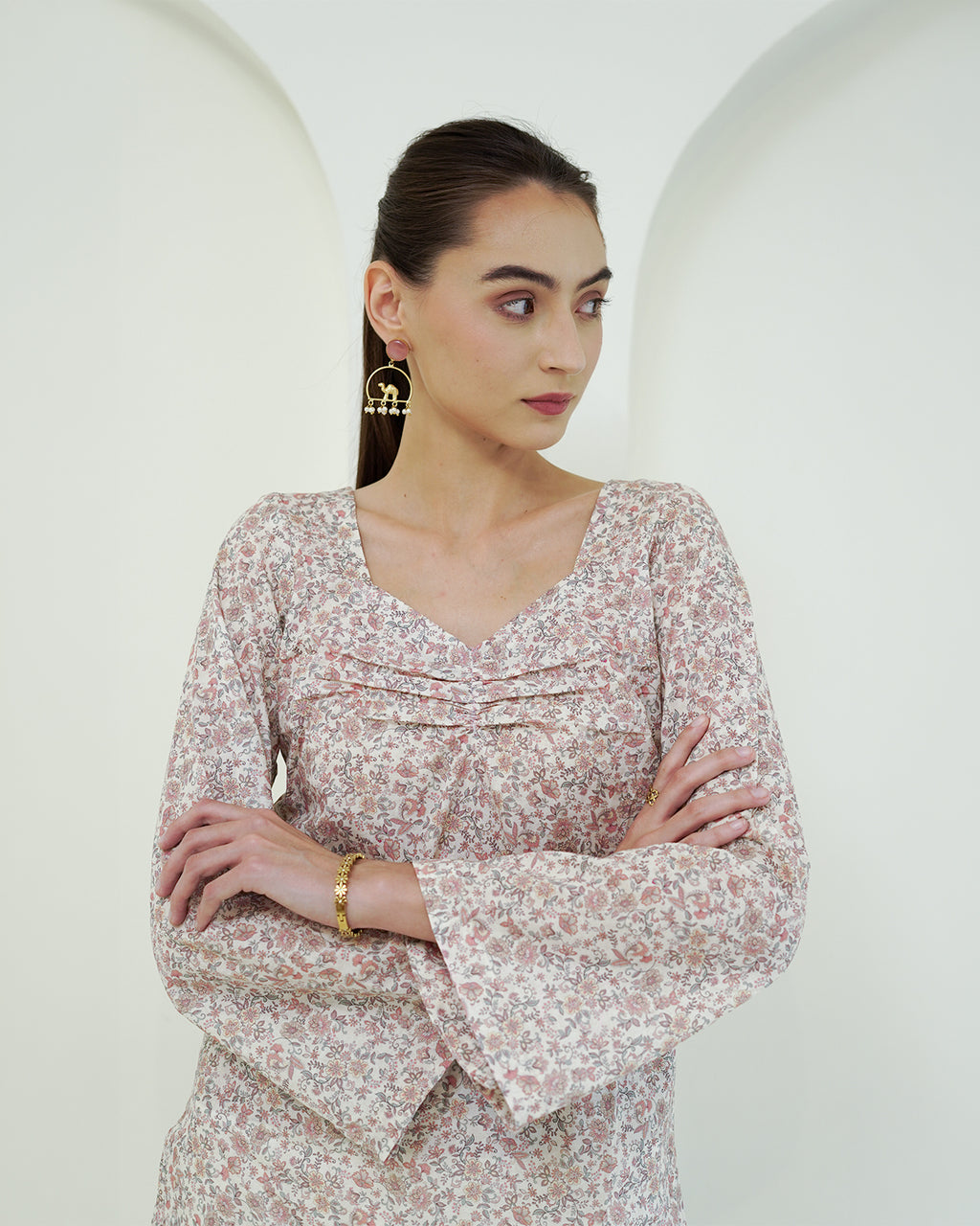 Ramya - Cotton lawn Ivory & Blush Pink Floral Print Short Kurti