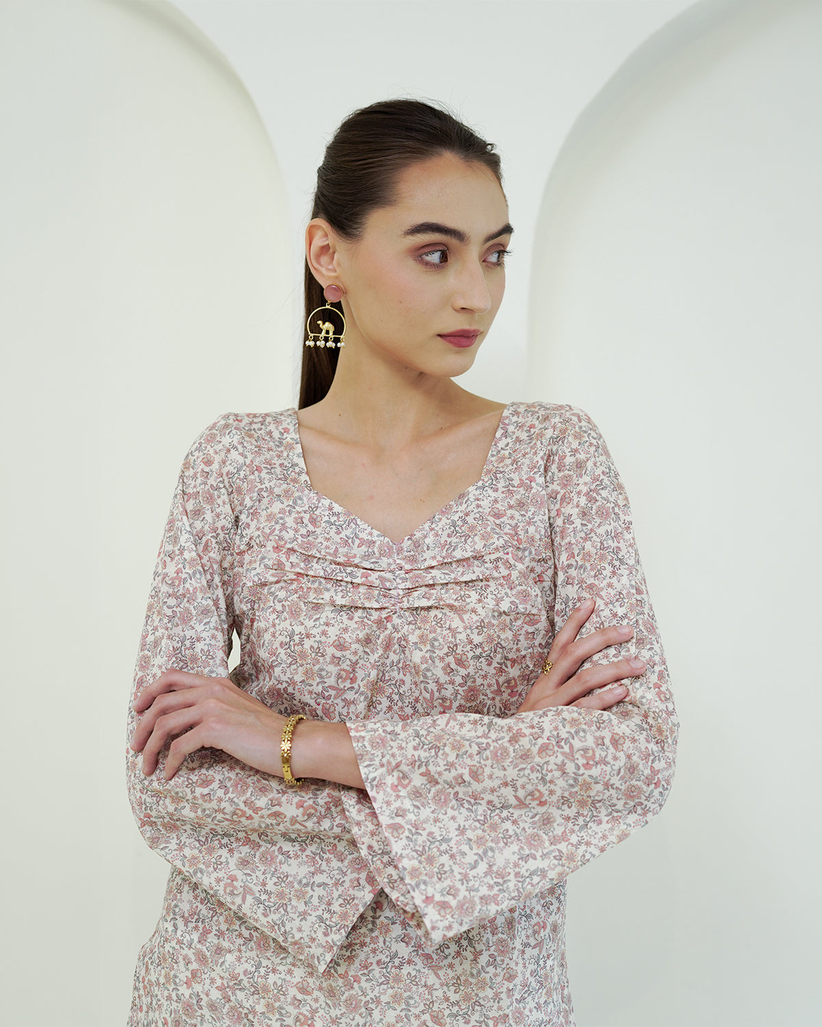 Ramya - Cotton lawn Ivory & Blush Pink Floral Print Short Kurti