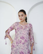 Padma - Mauve Floral Print Short Kurta with Afgani Salwar Set