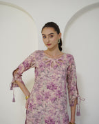 Padma - Mauve Floral Print Short Kurta with Afgani Salwar Set