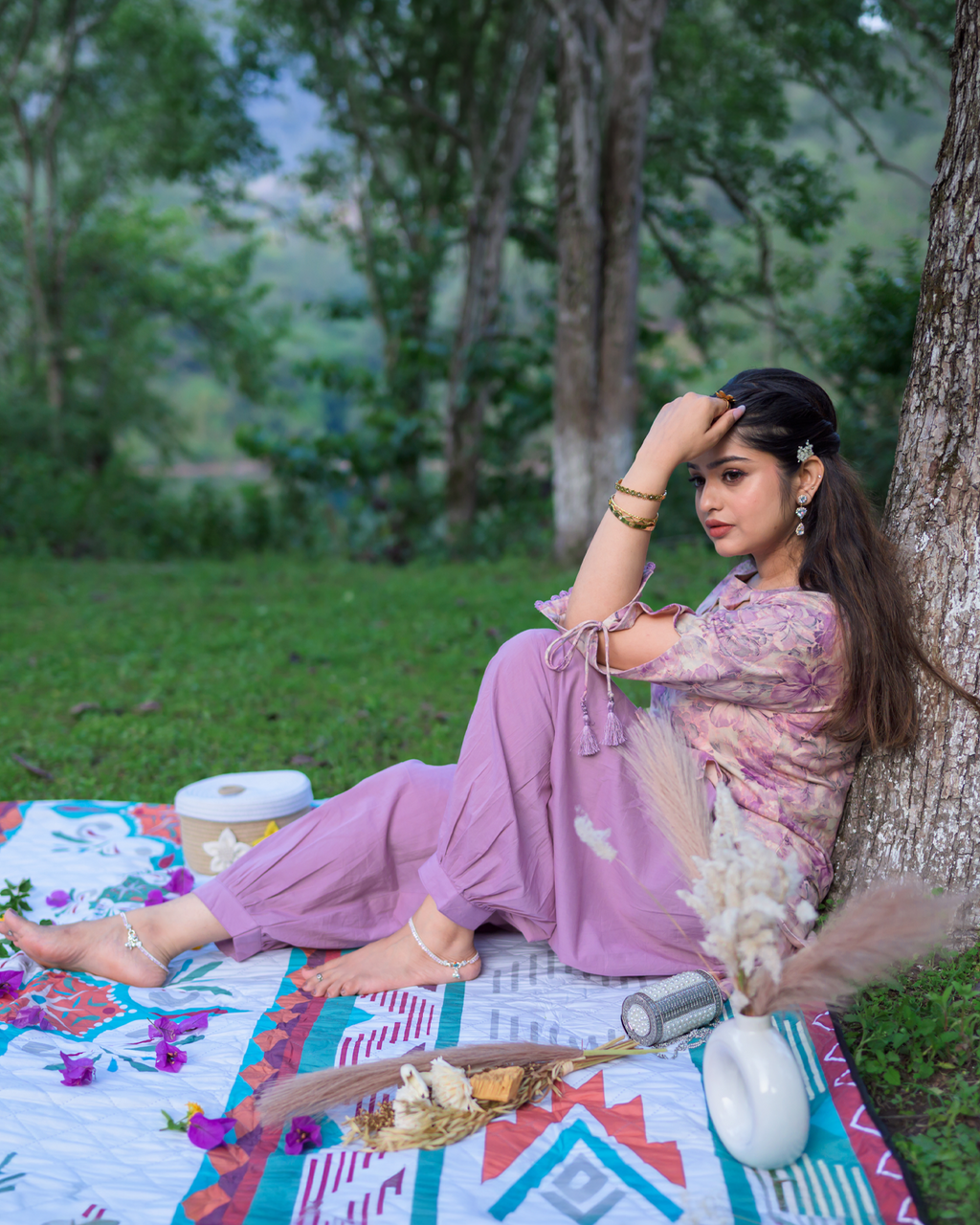 Padma - Mauve Floral Print Short Kurta with Afgani Salwar Set