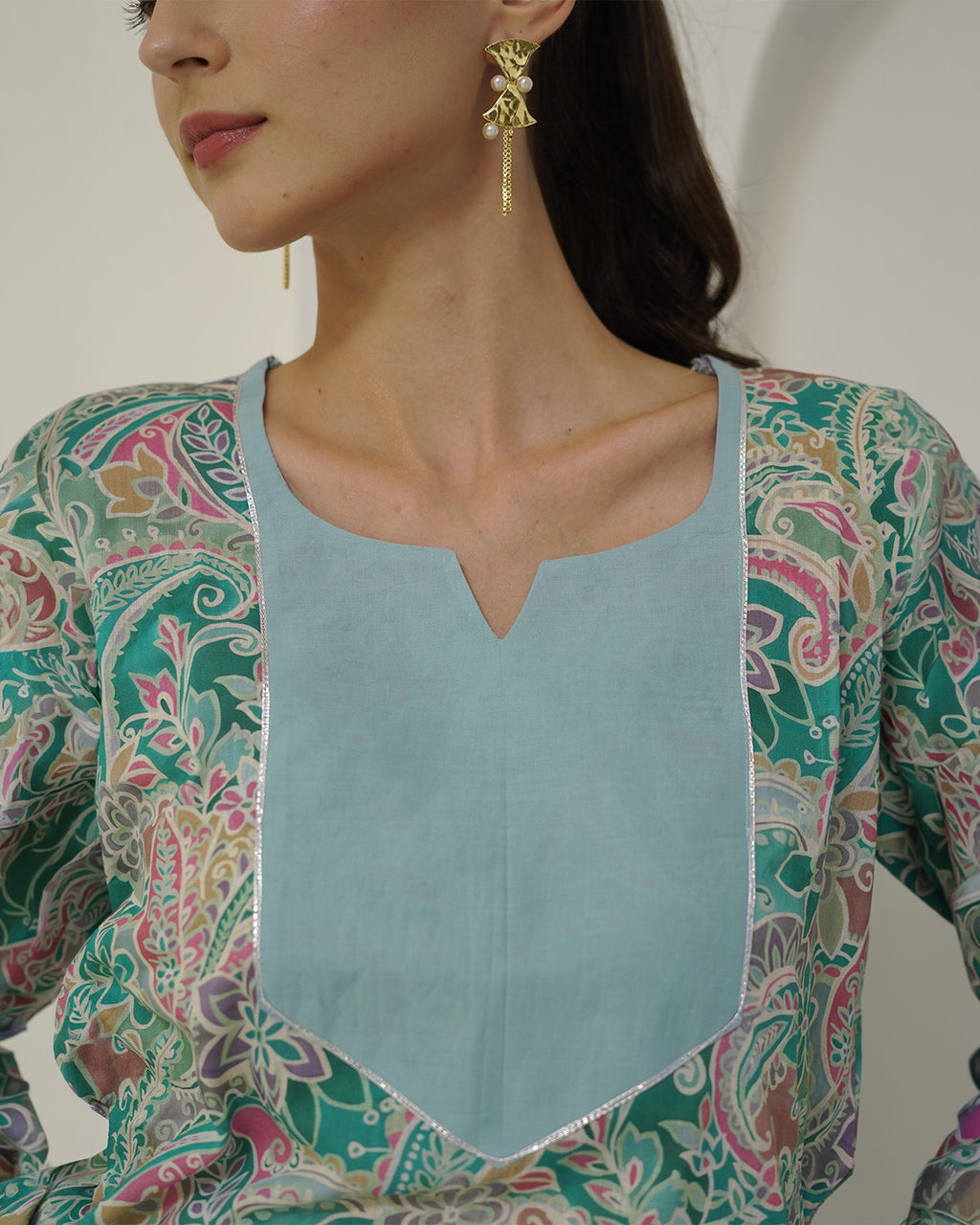 Prabha - Teal Floral Print Lace-Up Kurta with Pants Set