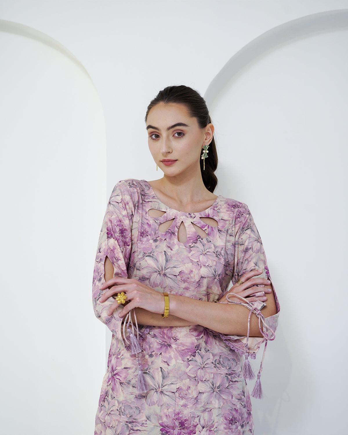 Padma - Mauve Floral Print Short Kurta with Afgani Salwar Set
