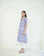 Madhavi - Indigo & Ivory Abstract Leaf Print Kurta Set
