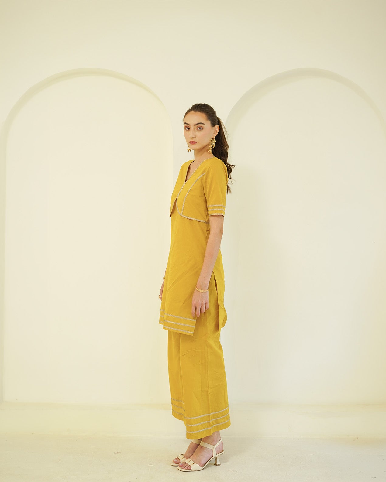 Suvarna - Golden Mustard Jacket-Style Kurta with Flared Palazzo Set