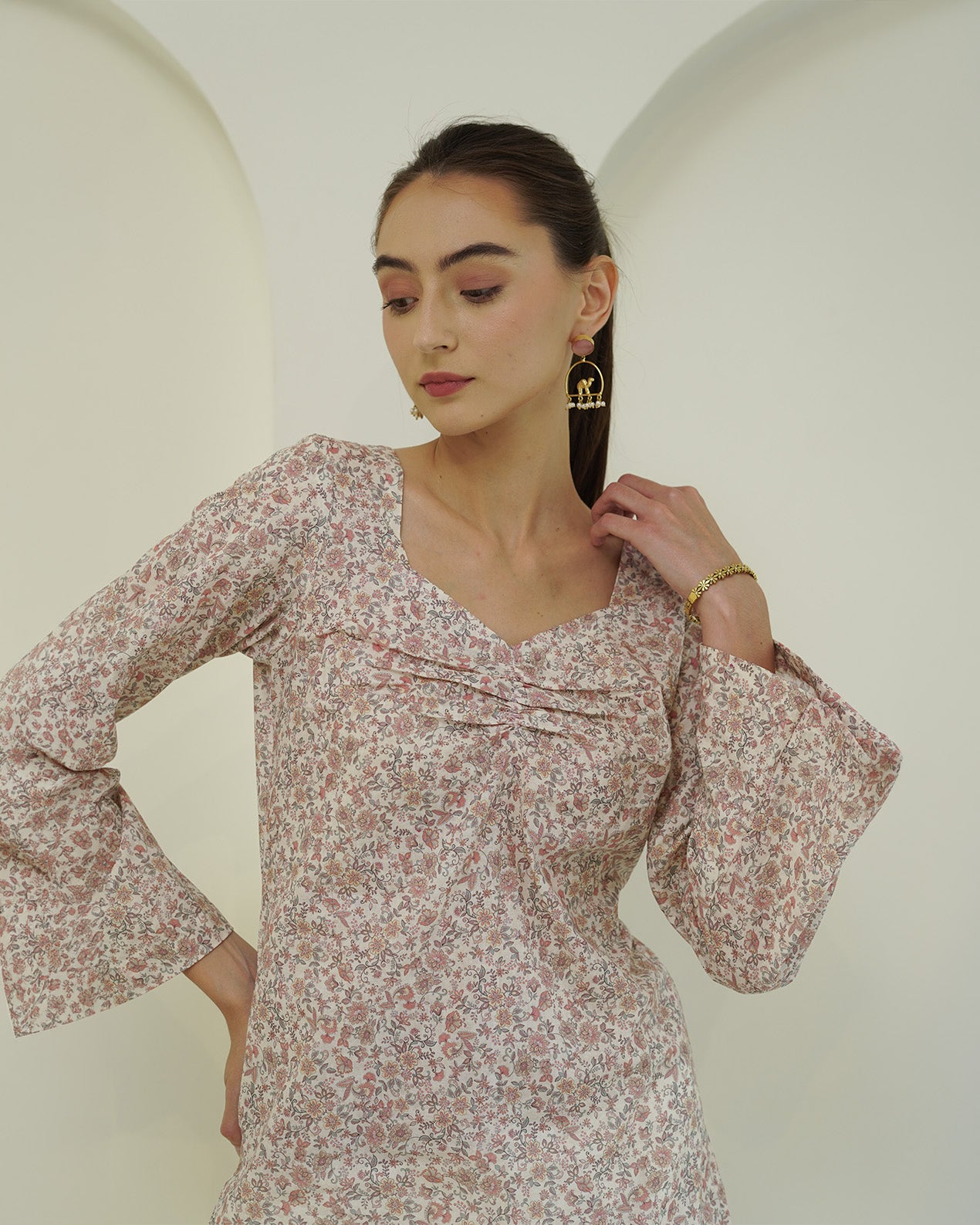 Ramya - Ivory & Blush Pink Floral Print Short Kurta with Farsi Pants Set