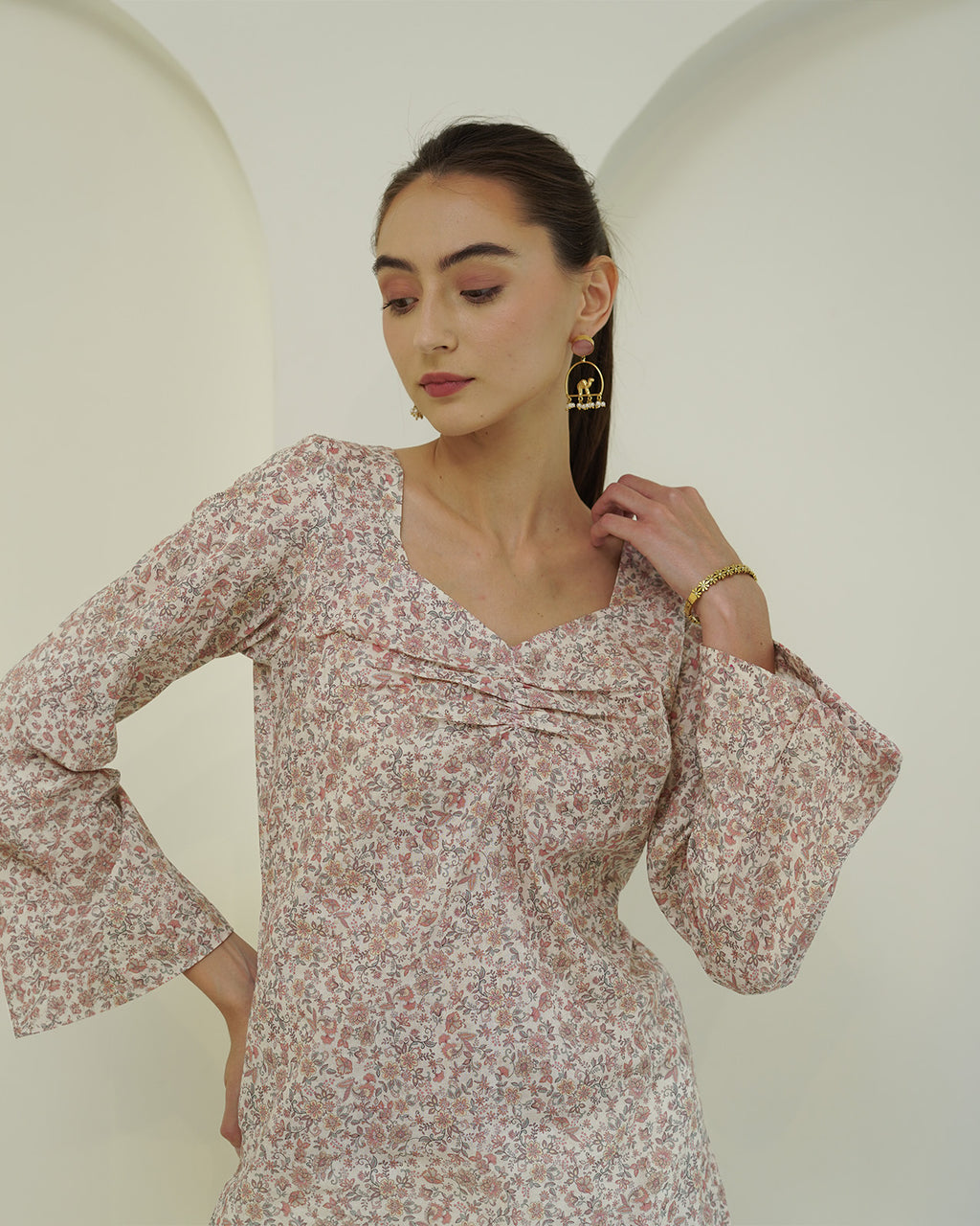Ramya - Cotton lawn Ivory & Blush Pink Floral Print Short Kurti
