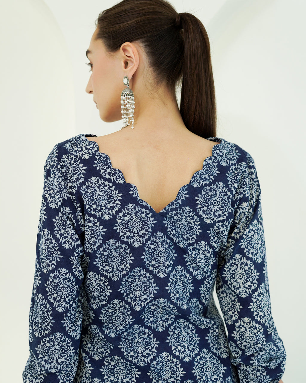 Shyama - Indigo Block Print Kurta with Scalloped Neck & Deep Back