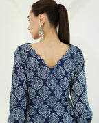 Shyama - Indigo Block Print Kurta with Scalloped Neck & Deep Back