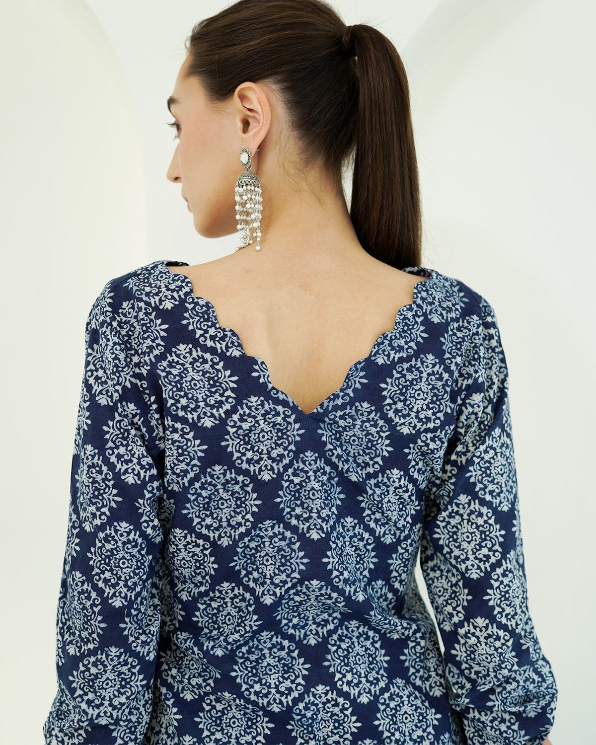 Shyama - Indigo Block Print Kurta with Scalloped Neck & Deep Back