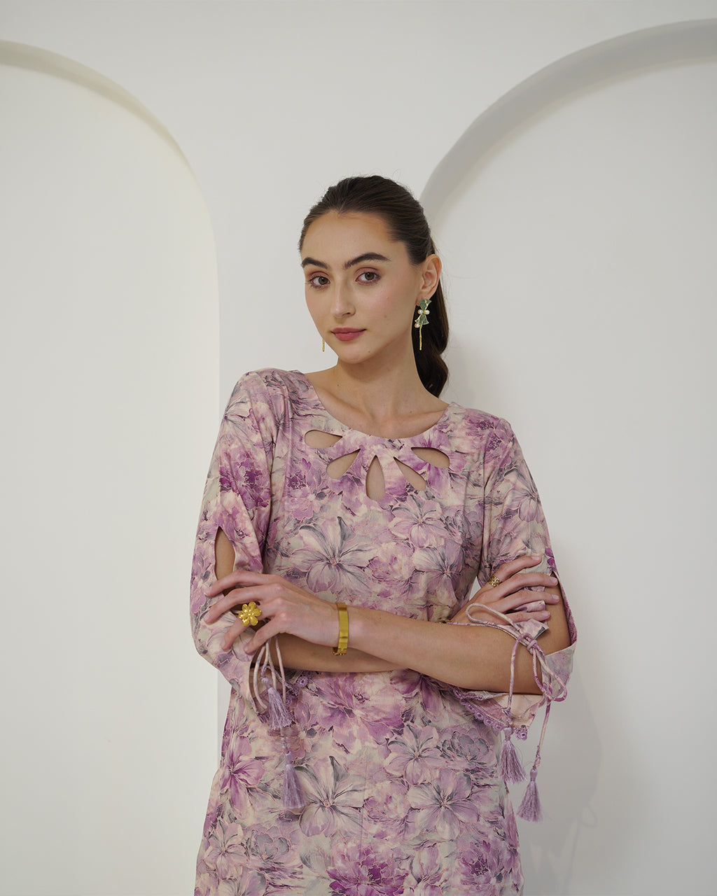 Padma - Mauve Floral Print Short Kurta with Afgani Salwar Set