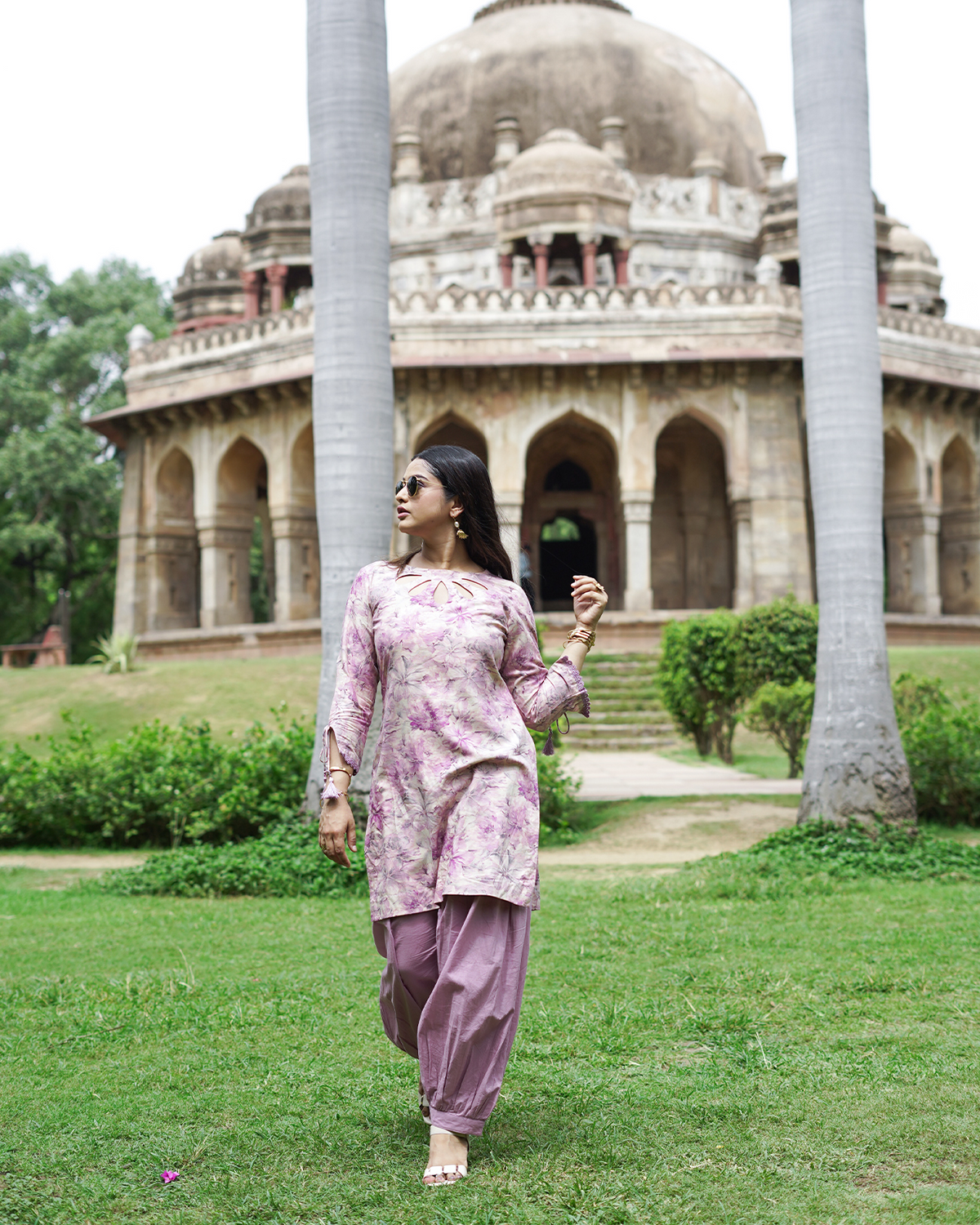 Padma - Mauve Floral Print Short Kurta with Afgani Salwar Set