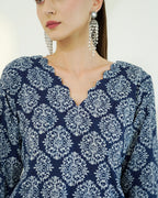 Shyama - Indigo Block Print Kurta with Scalloped Neck & Deep Back