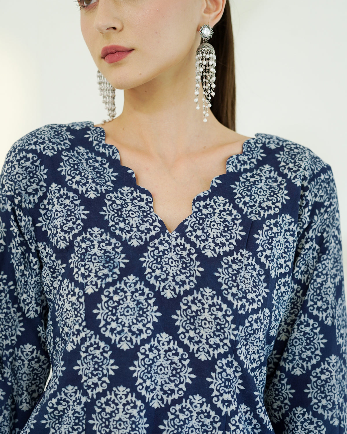 Shyama - Indigo Block Print Kurta with Scalloped Neck & Deep Back