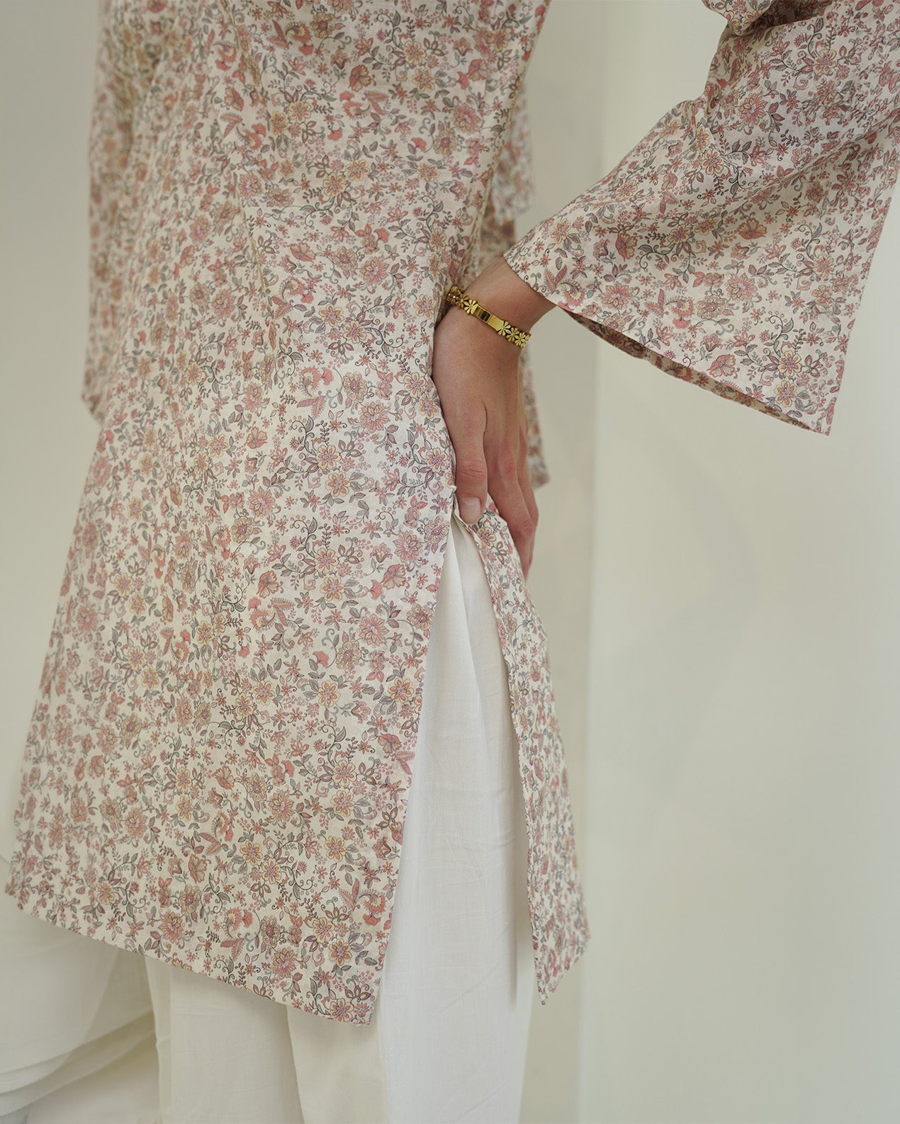 Ramya - Ivory & Blush Pink Floral Print Short Kurta with Farsi Pants Set