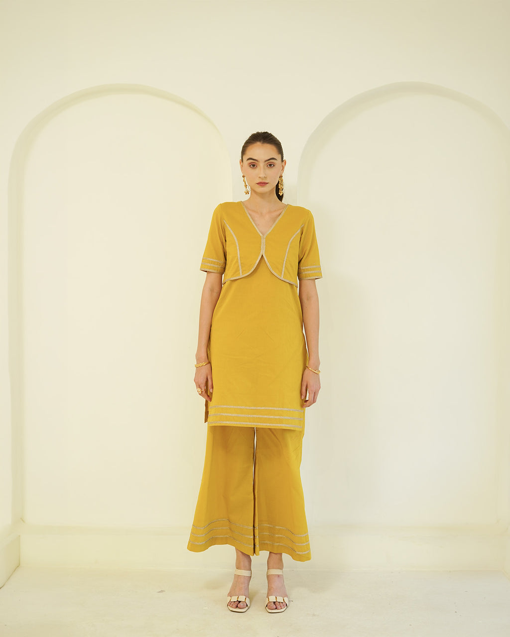 Suvarna - Golden Mustard Jacket-Style Kurta with Flared Palazzo Set