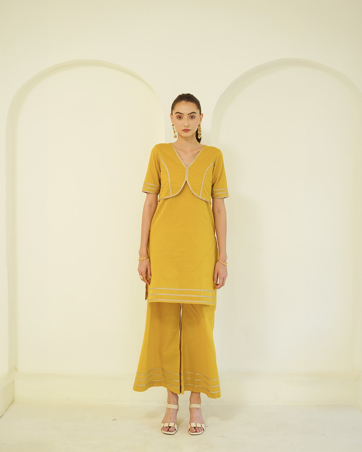 Suvarna - Golden Mustard Jacket-Style Kurta with Flared Palazzo Set