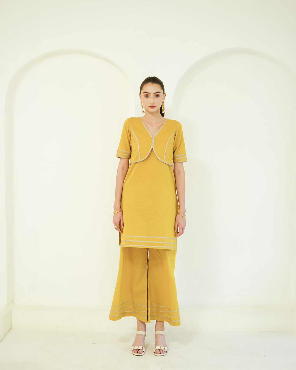 Suvarna - Golden Mustard Jacket-Style Kurta with Flared Palazzo Set
