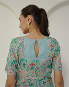 Prabha - Teal Floral Print Lace-Up Kurta with Pants Set