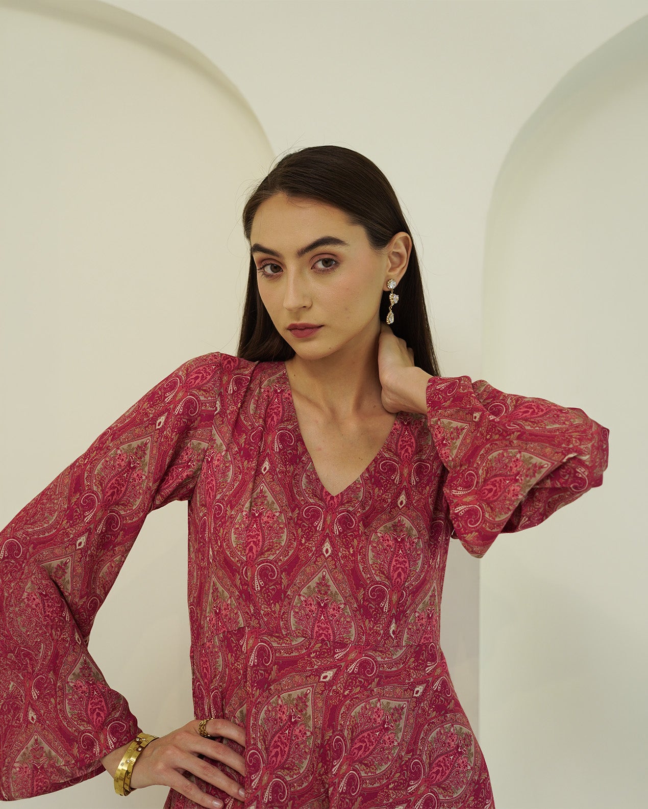 Rasika - Crimson Paisley Print Asymmetric Kurta with Palazzo Set