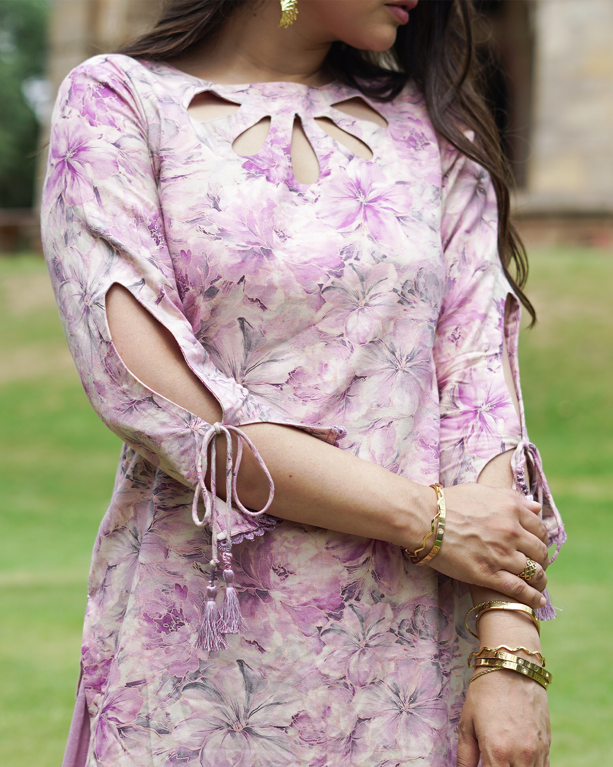 Padma - Mauve Floral Print Short Kurta with Afgani Salwar Set