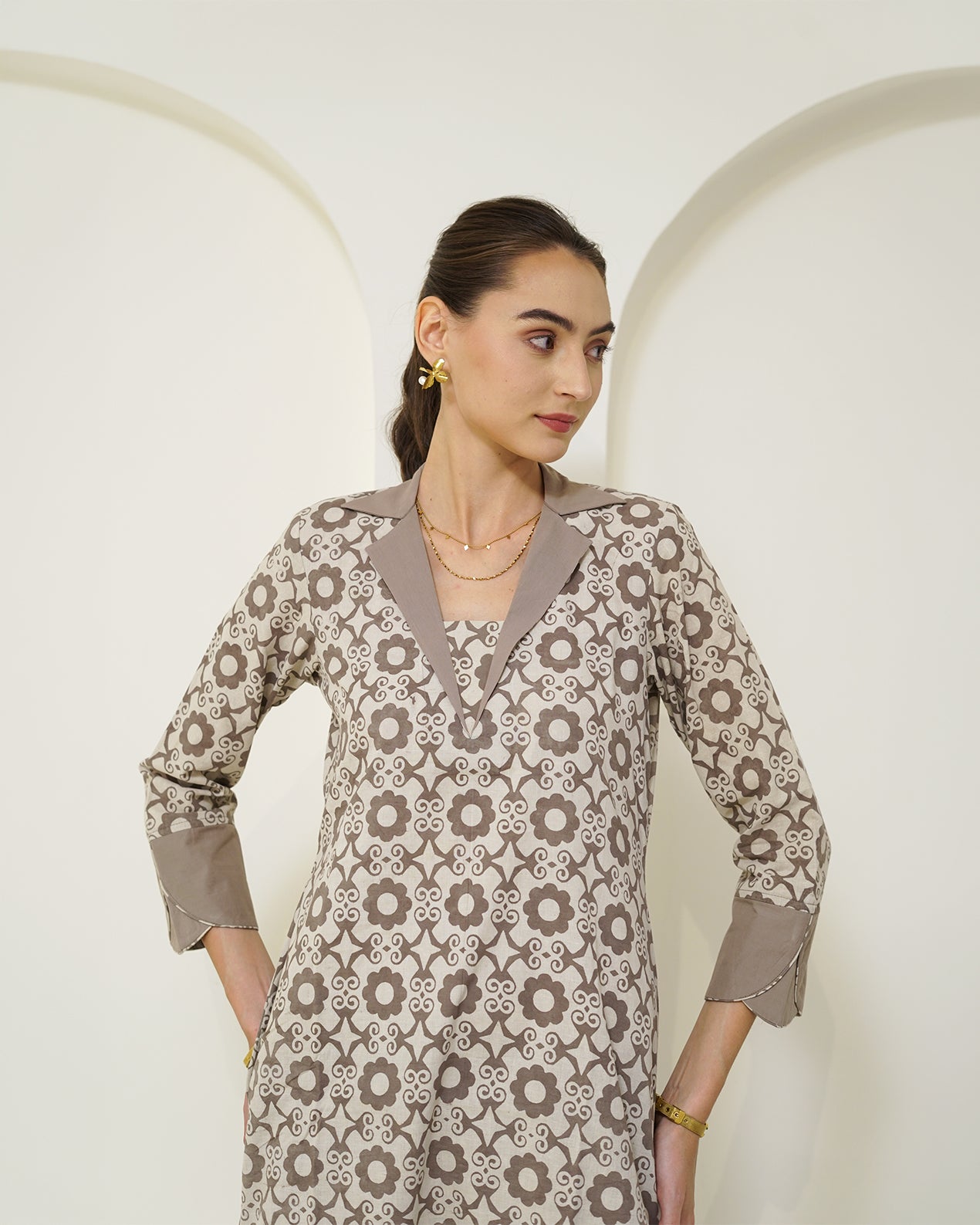 Manini - Beige Abstract Block Print Collared Kurta with Pants Set