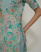 Prabha - Teal Floral Print Lace-Up Kurta with Pants Set