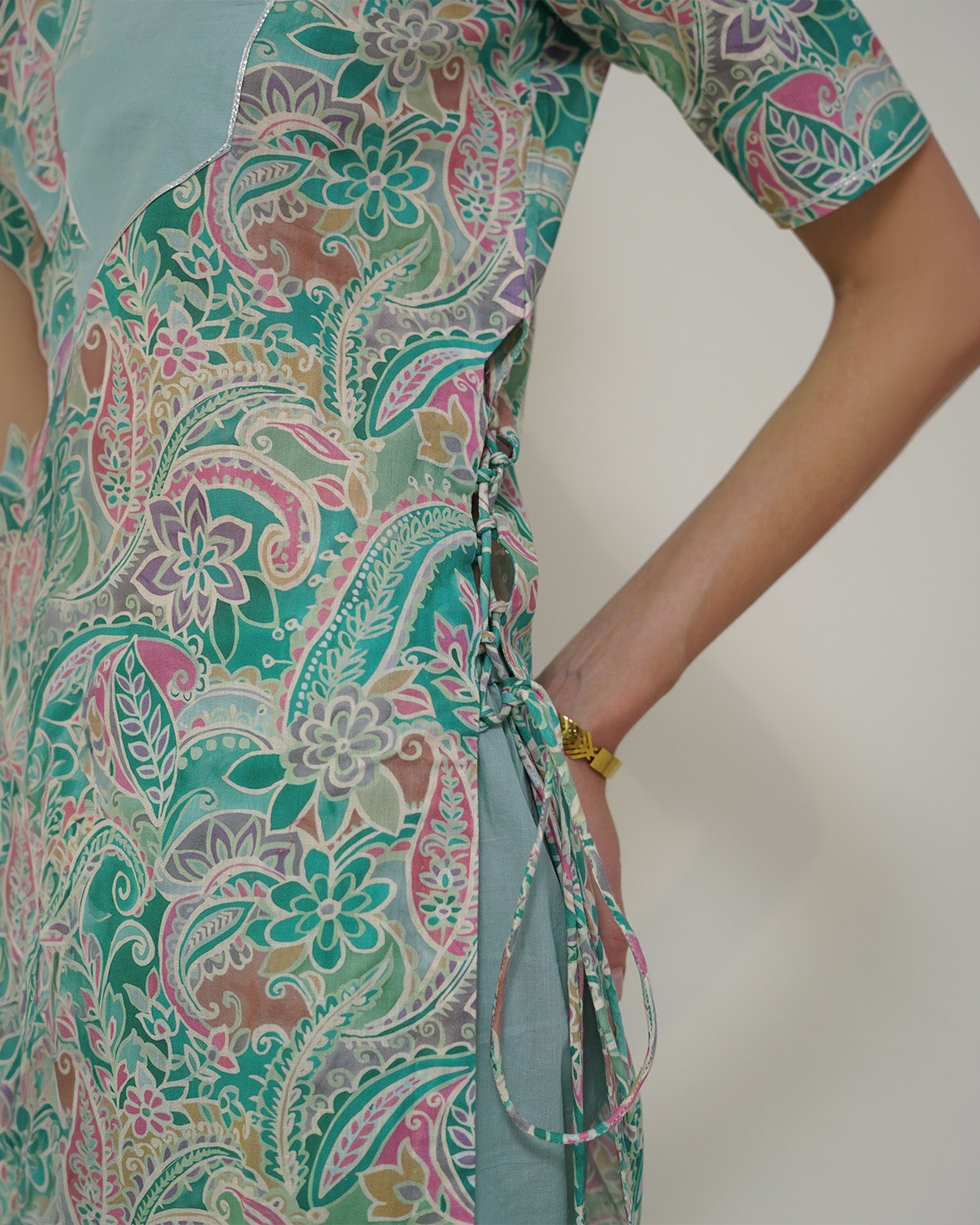 Prabha - Teal Floral Print Lace-Up Kurta with Pants Set
