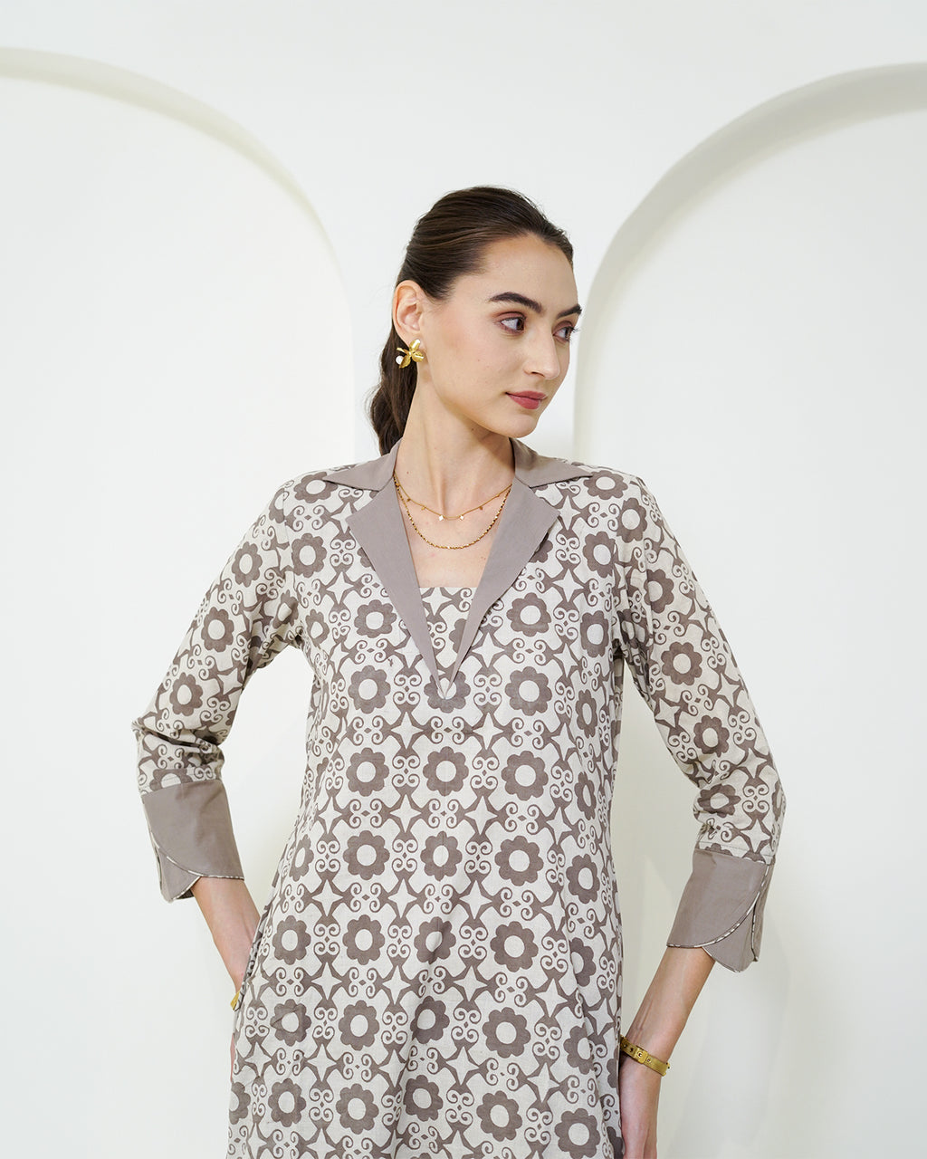 Manini - Beige Abstract Block Print Collared Kurta with Pants Set
