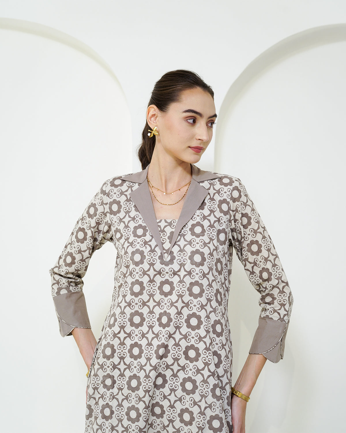 Manini - Beige Abstract Block Print Collared Kurta with Pants Set