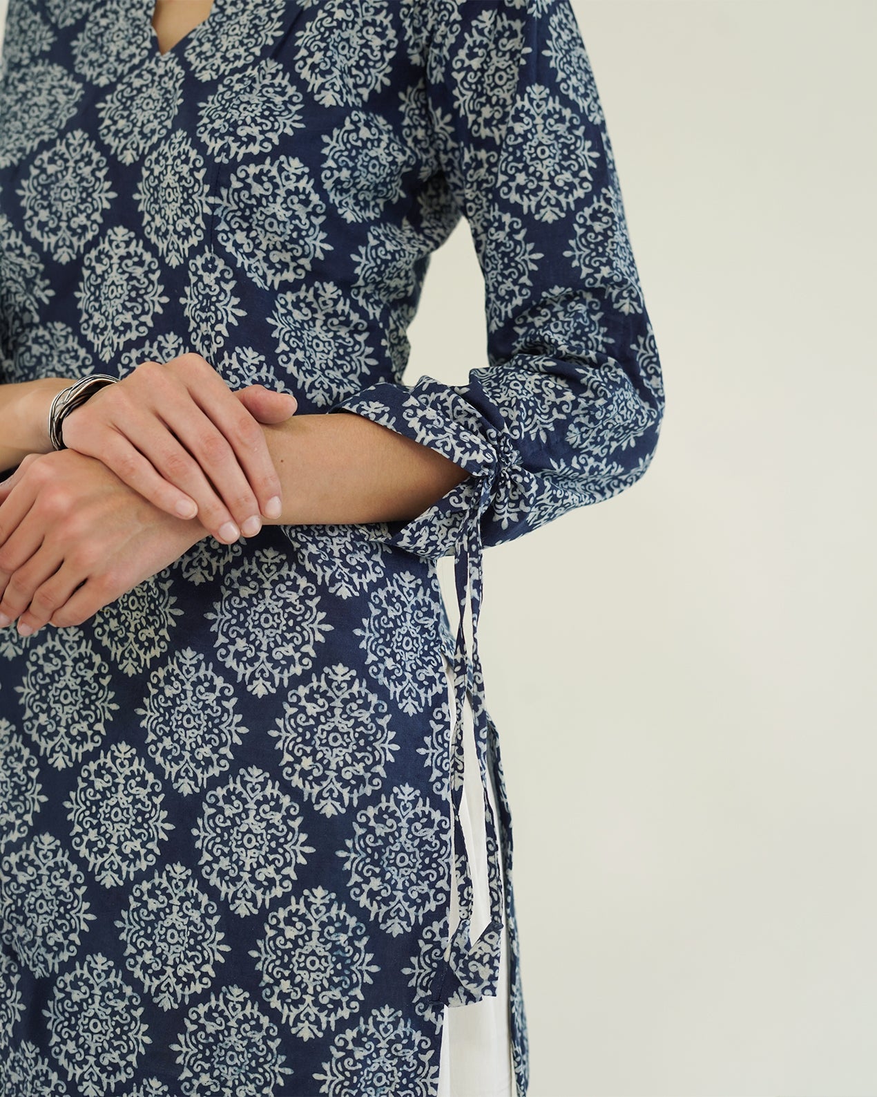 Shyama - Indigo Block Print Kurta with Scalloped Neck & Deep Back