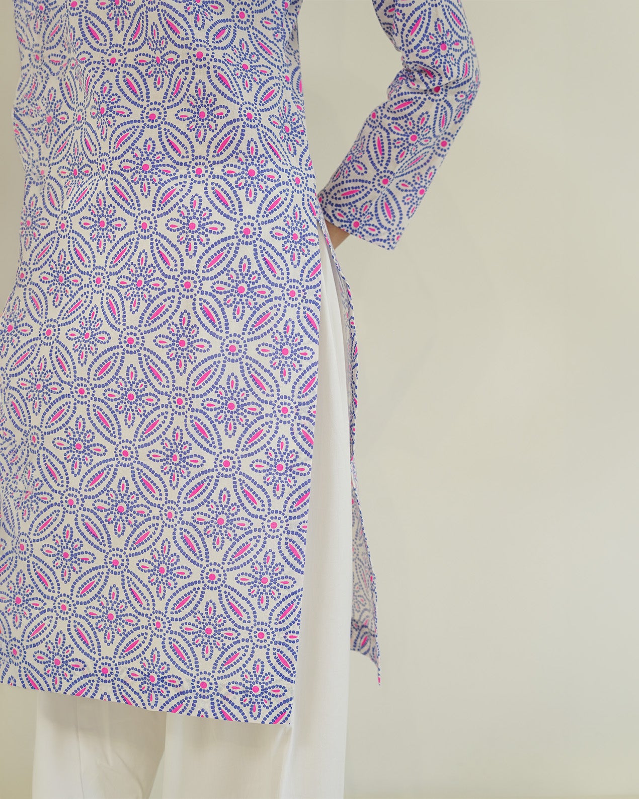 Vrinda - Blue & Pink Bandhani Print Cotton Kurta