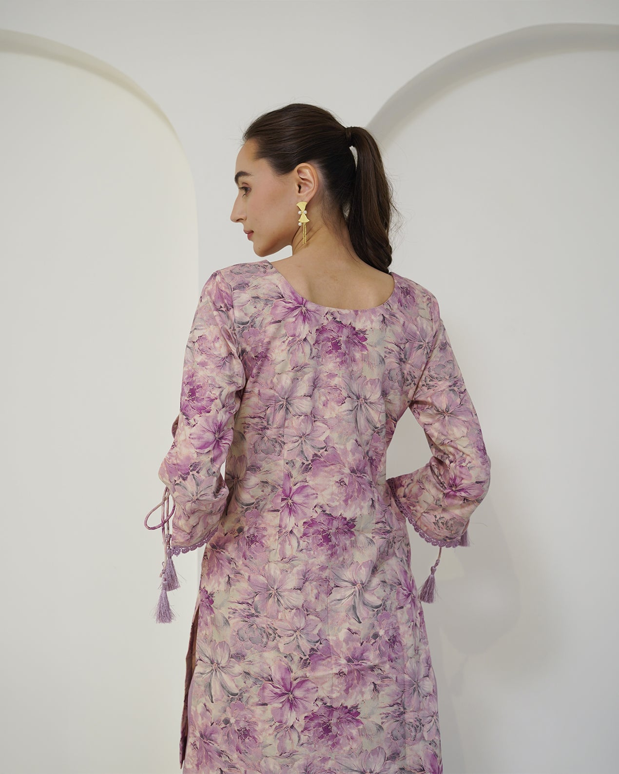 Padma - Mauve Floral Print Short Kurta with Afgani Salwar Set