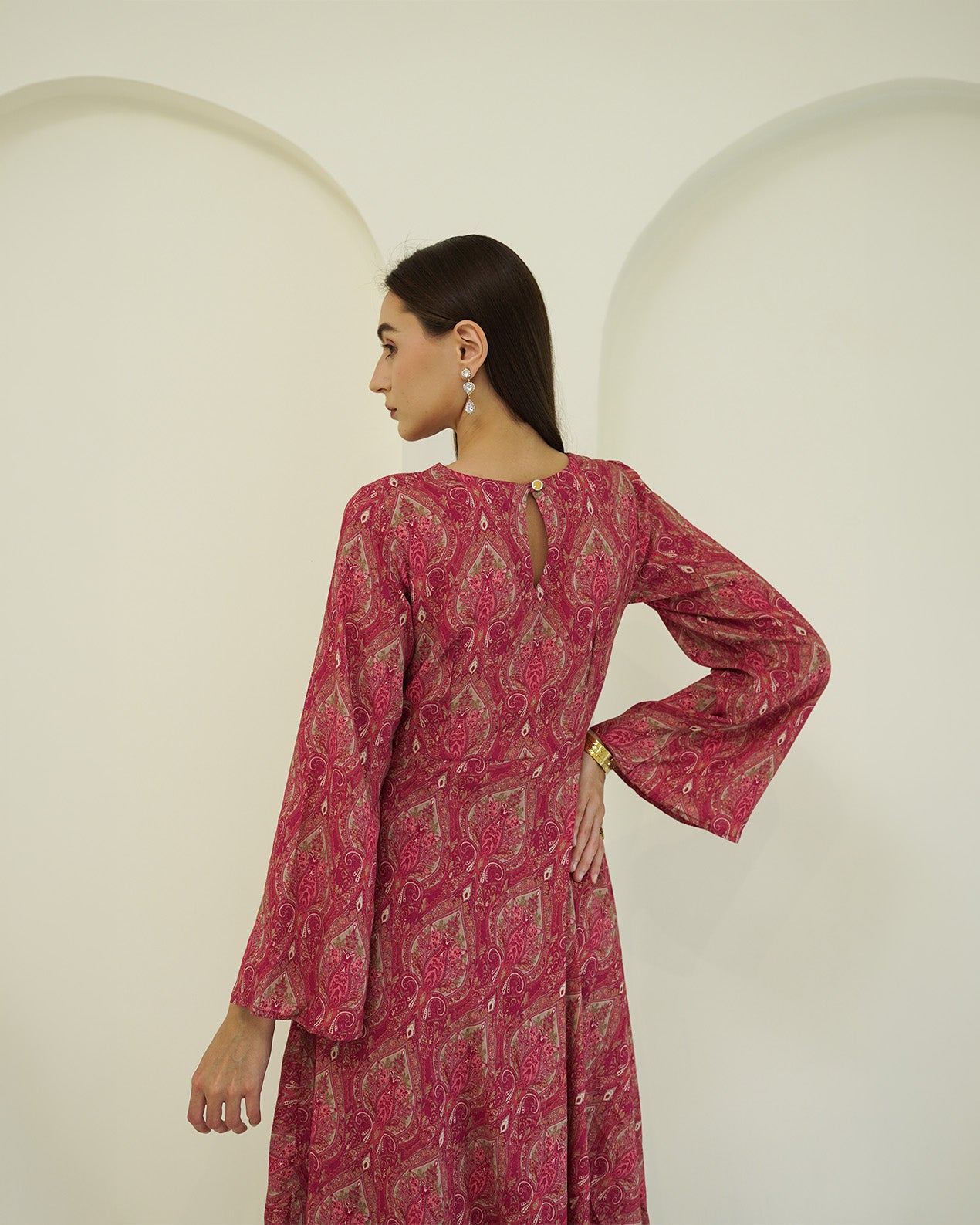 Rasika - Crimson Paisley Print Asymmetric Kurta with Palazzo Set