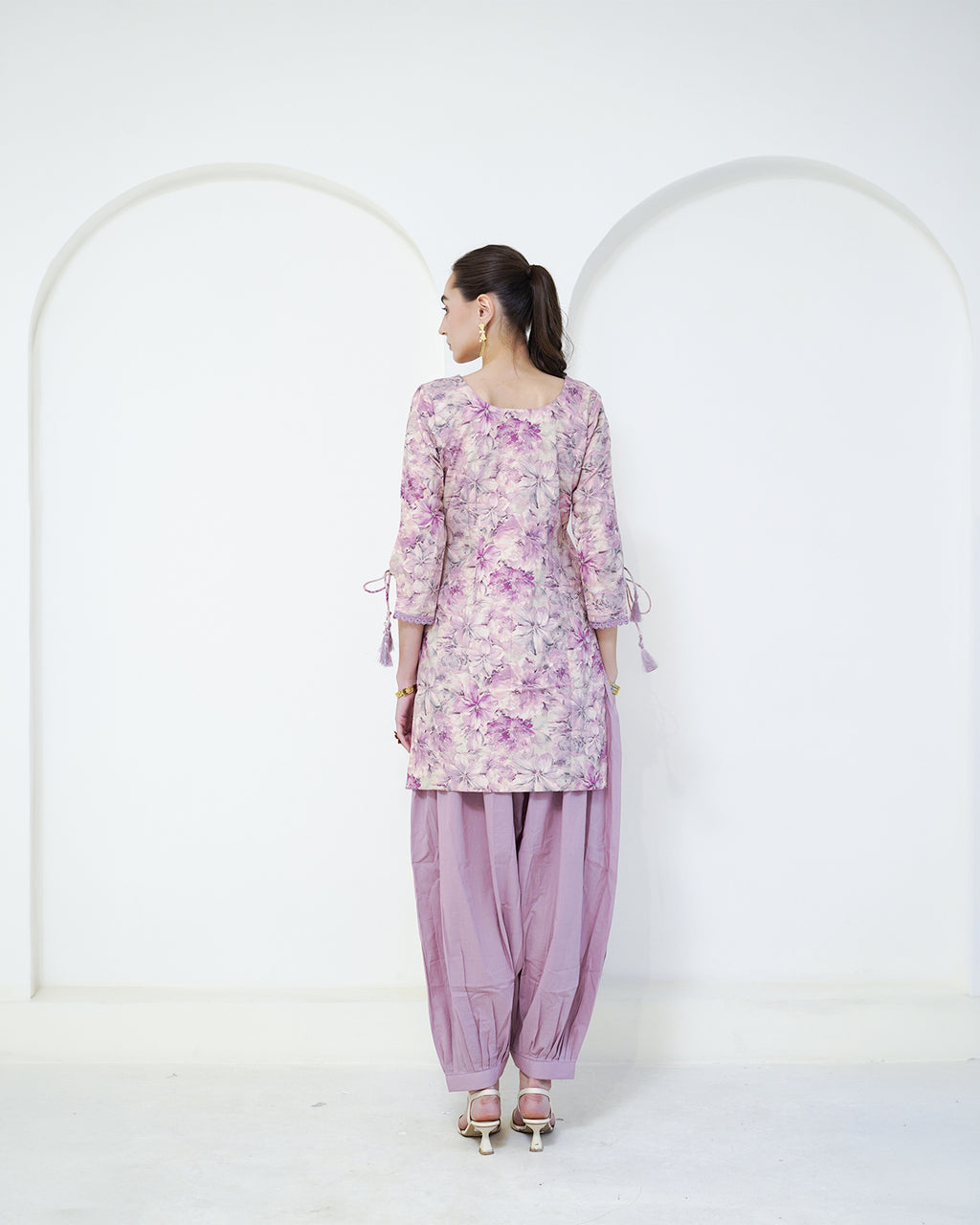 Padma - Mauve Floral Print Short Kurta with Afgani Salwar Set