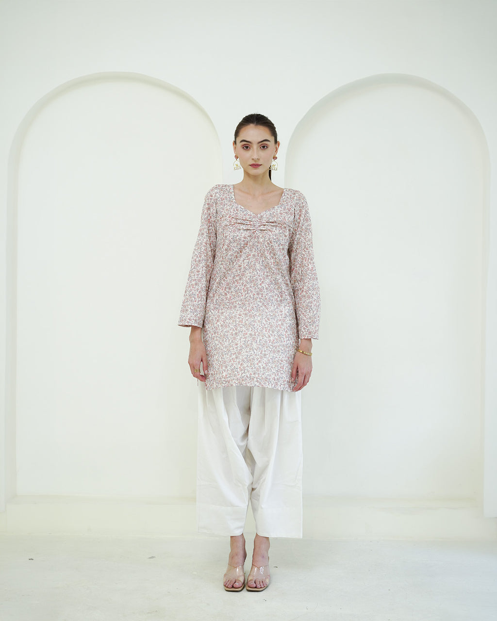 Ramya - Cotton lawn Ivory & Blush Pink Floral Print Short Kurti