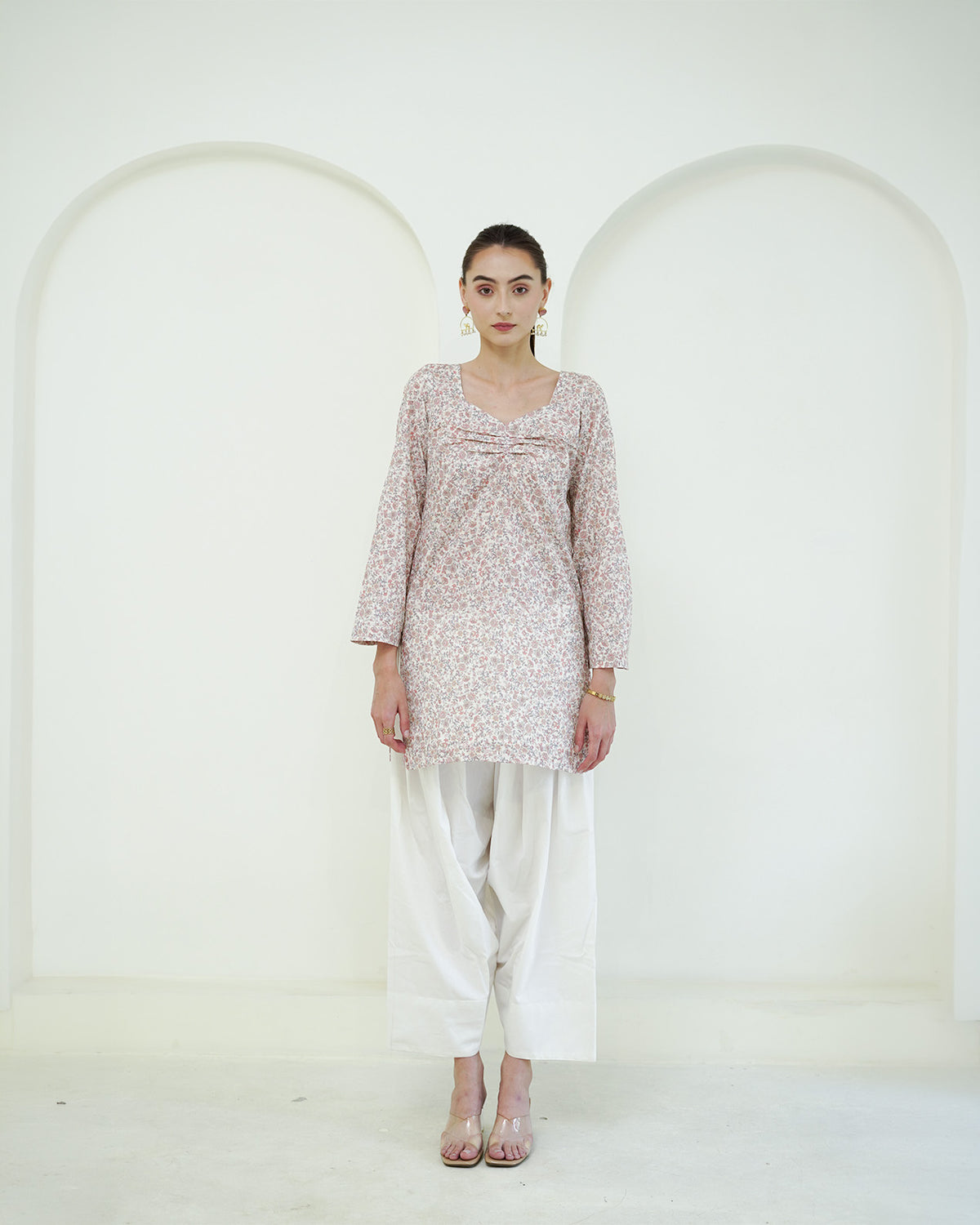 Ramya - Cotton lawn Ivory & Blush Pink Floral Print Short Kurti