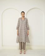 Manini - Beige Abstract Block Print Collared Kurta with Pants Set