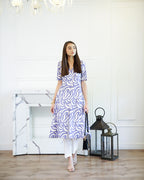 Madhavi - Indigo & Ivory Abstract Leaf Print Kurta Set