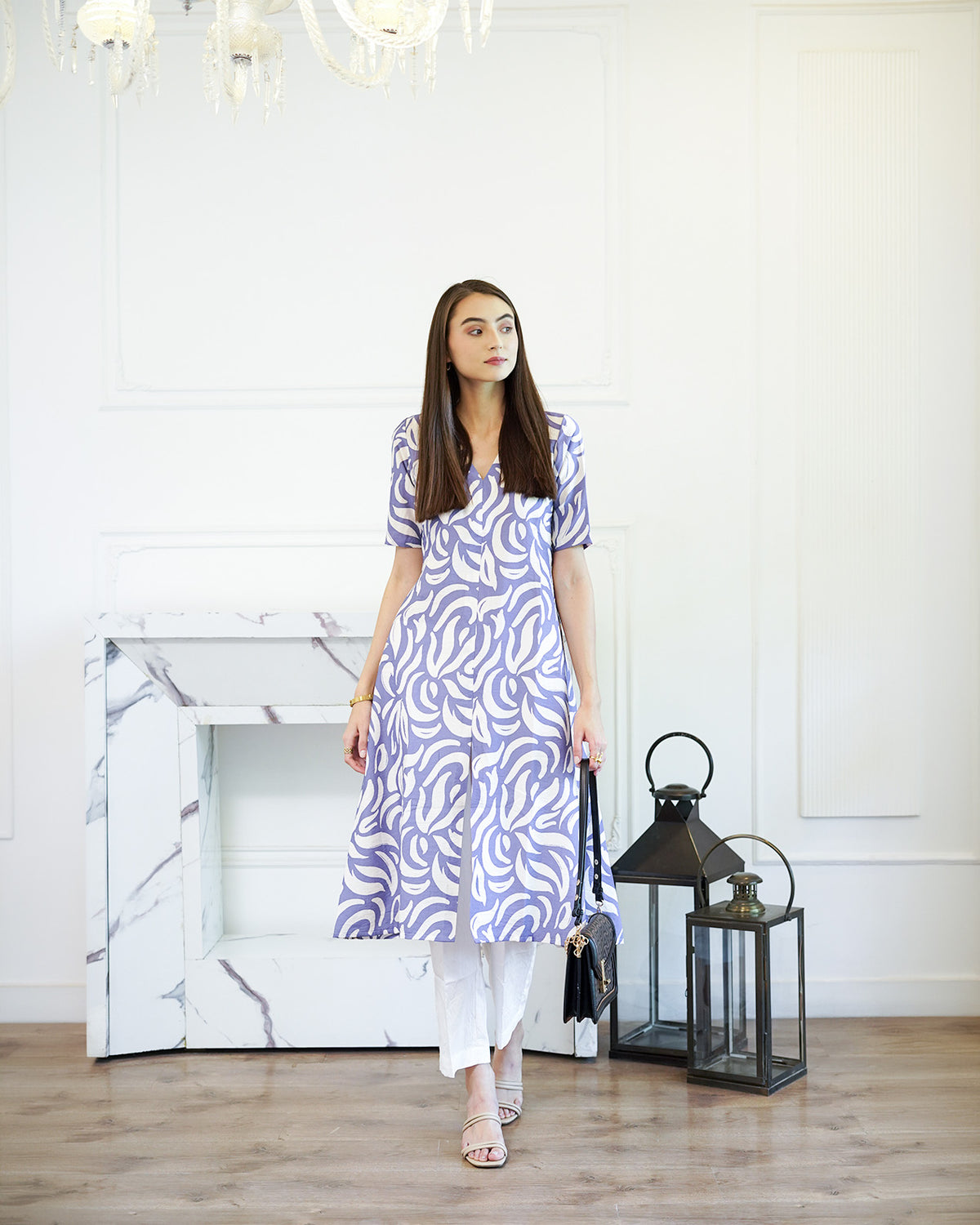 Madhavi - Indigo & Ivory Abstract Leaf Print Kurta Set