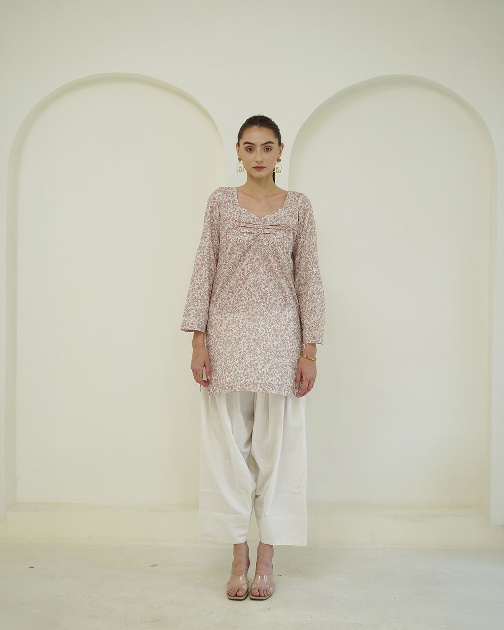 Ramya - Cotton lawn Ivory & Blush Pink Floral Print Short Kurti